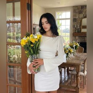 Cider BOAT NECKLINE SOLID RUCHED BOWKNOT MINI DRESS S CR2-23